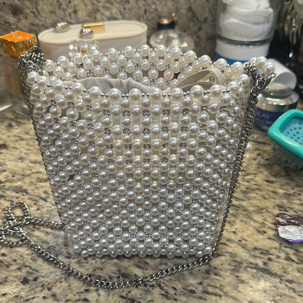 Zara White and Silver Mini Bag with Shimmery Beadwork